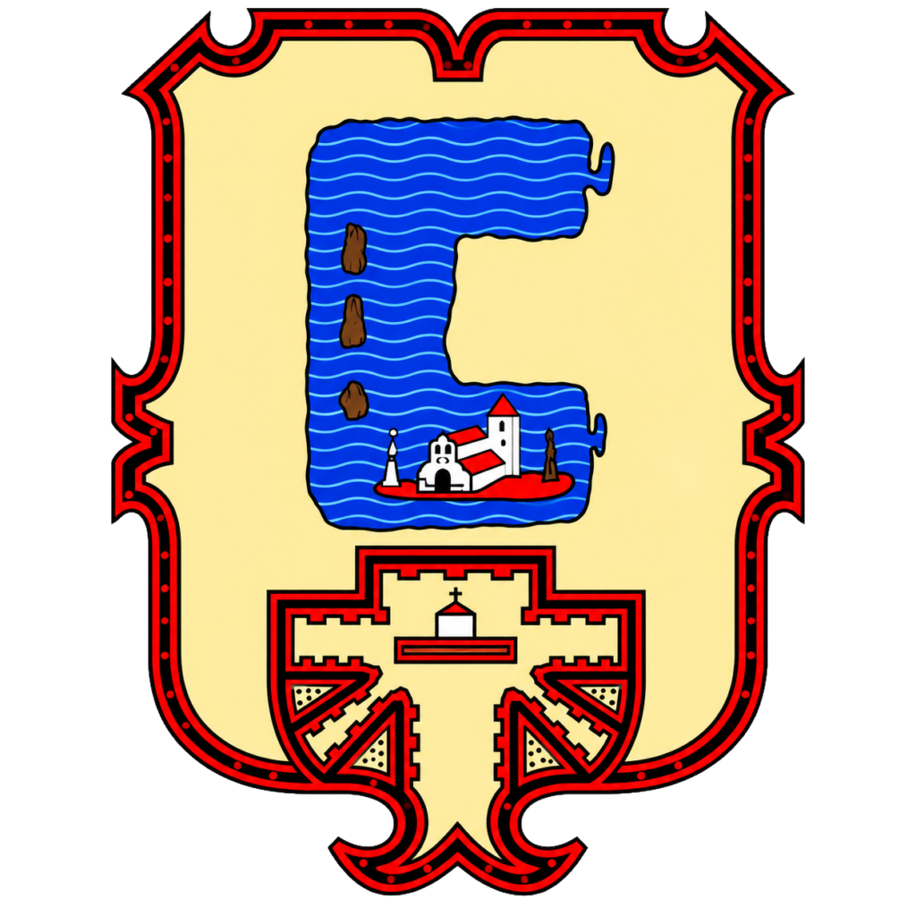 Representación del escudo de armas de Pátzcuaro con el lago, la iglesia, la catedral y tres peñoles.